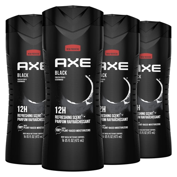 AXE Body Wash Black 4 HYZ01 Count 12h Refreshing Scent Cleanser Frozen Pear & Cedarwood Men's Body Wash with 100% Plant-Based Moisturizers 16 oz