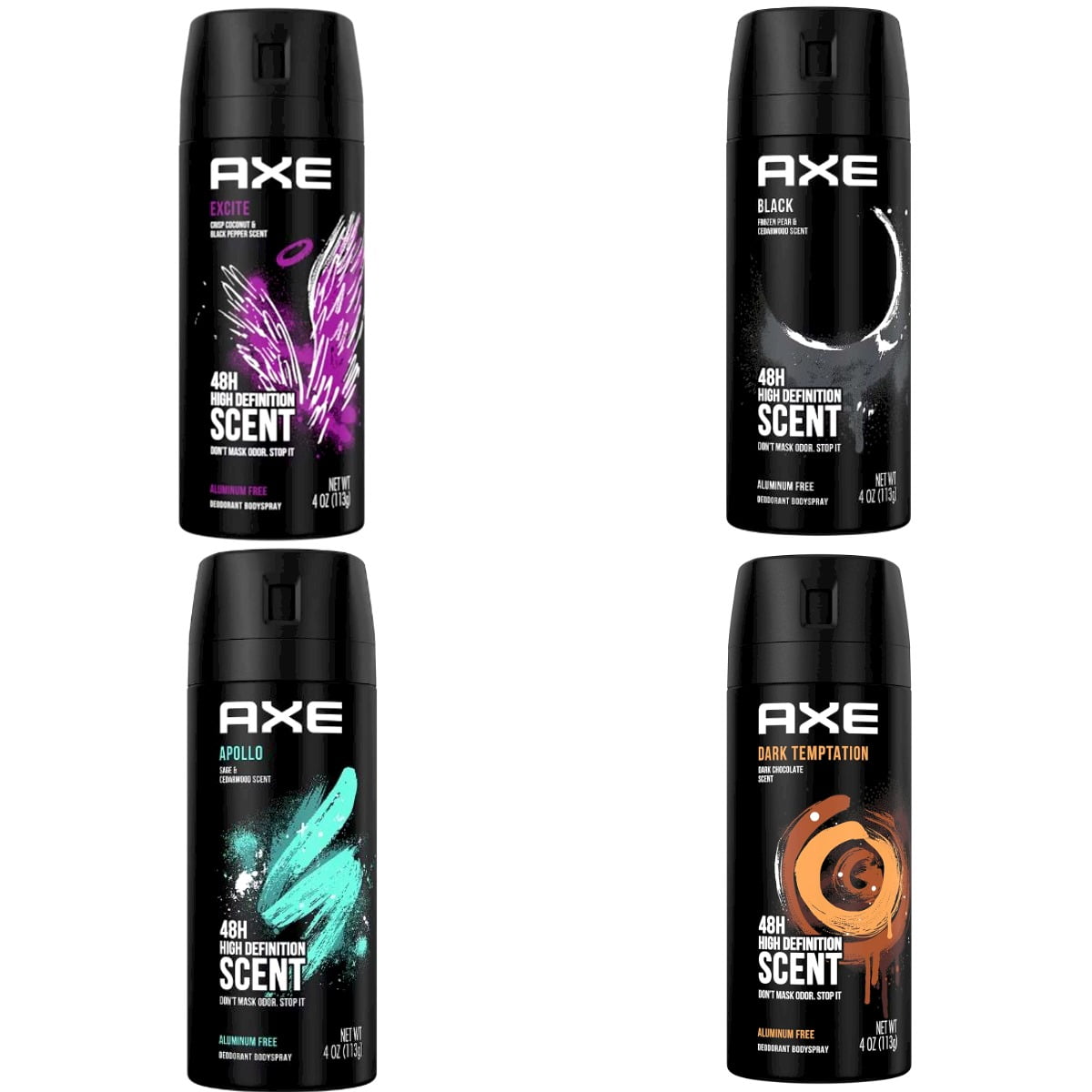 AXE Deodorant Body Spray for Men, Apollo, Excite, Black, Dark Temptation 48 Hours Deodorant Body Spray AHSR Products Bundle Set, Gift Set Packing, Ultra Masculine Scent 150 ml (Pack of 4)