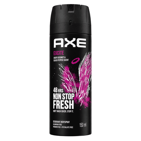 AXE Excite Deodorant Body Spray for Men, Crisp Coconut & Black Pepper Scent, 48-Hour Freshness, Daily Body Spray, 150 mL (5.07 oz)