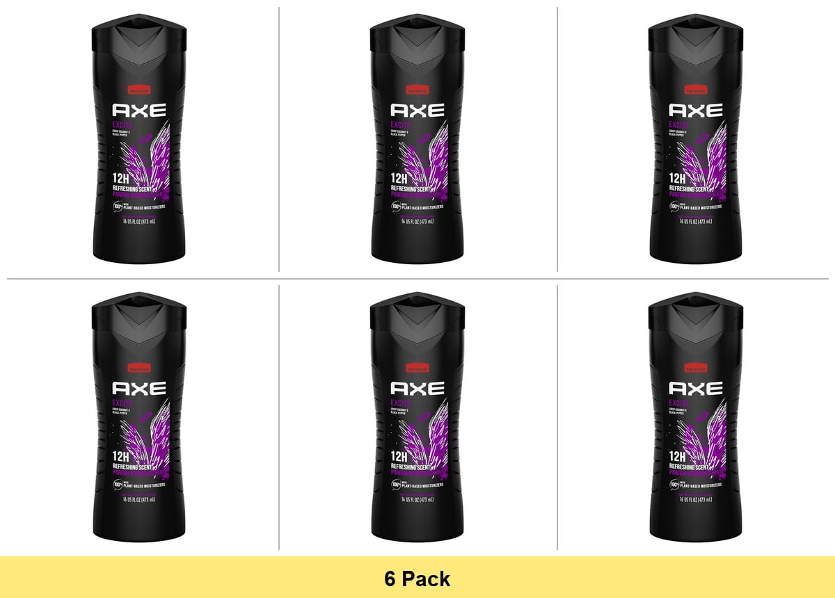 AXE Men's Liquid Body Wash 12H Refreshing Scent Excite Crisp Coconut & Black Pepper, 16 oz - 6 Pack