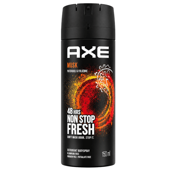 AXE Musk Deodorant Body Spray 150 mL, Patchouli & Fougre Scent, 48 HRS Non Stop Fresh, Aluminum Free