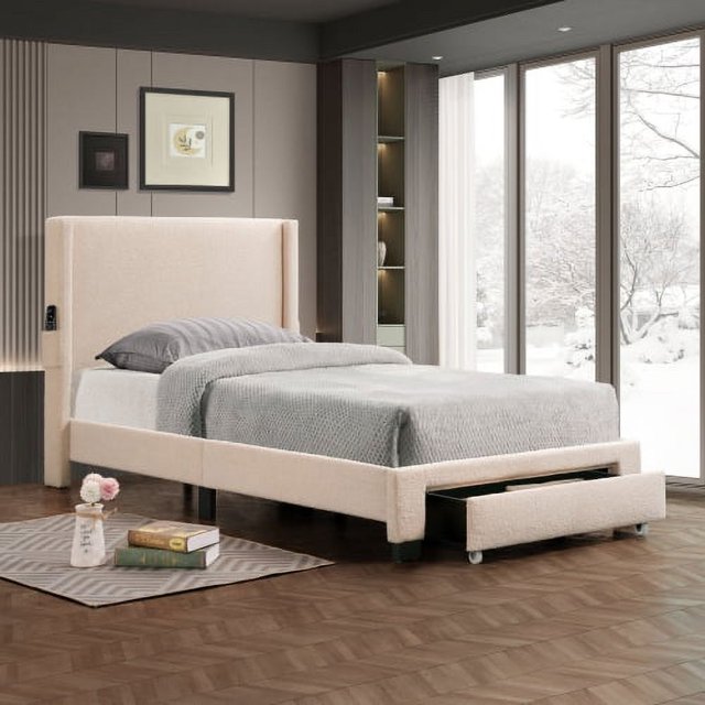 AXEDGTU CORDUROY VELVET QUEEN FOOTBOARD DRAWER UPHOLSTERED WINGBACK BED