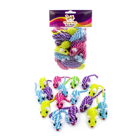 AXEL PETS 20 Cotton Colorful Rope Mice with Rattle Sound, Interactive Catch Play Teaser Mouse Toy for Cats and Kittens. Pack of 20 Mice