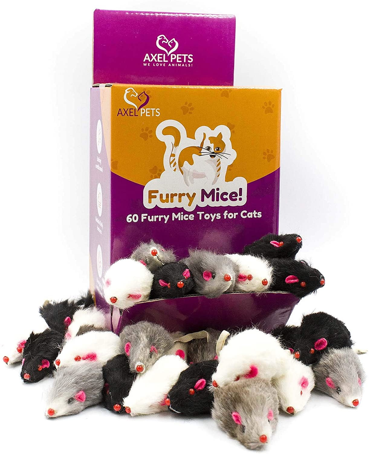 AXEL PETS 60 Furry Mice with Catnip and Rattle Sound Interactive Catch Play Mouse Toy for Cat, Box of 60 Mice