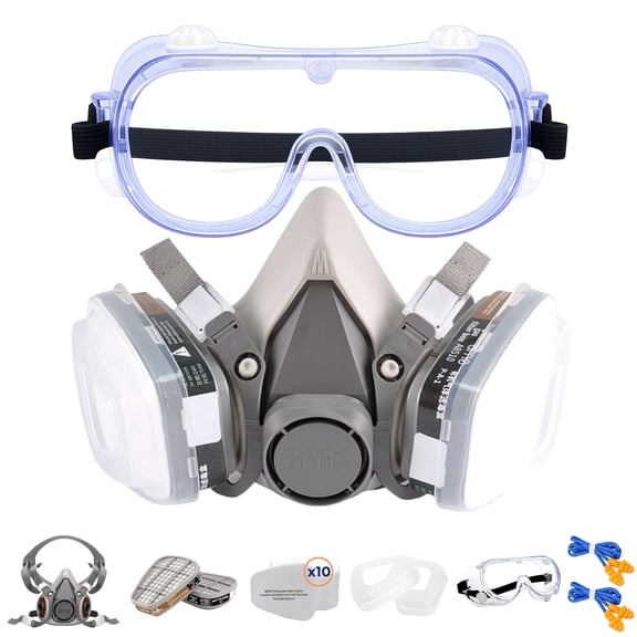 AXEMIS Reusable Half Face Respirator Mask Kit with Safety Glasses, Filters and Earplugs, Dust Protection for Painting, Sanding and Woodworking