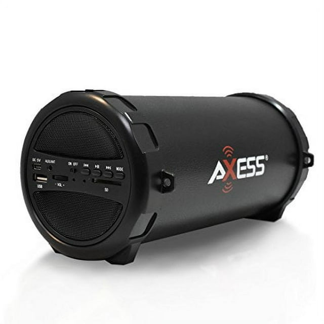 AXESS SPBT1031 Portable Bluetooth Indoor/Outdoor 2.1 Hi-Fi Cylinder Loud Speaker with Built-In 3" Sub and SD Card, USB, AUX Inputs in Black