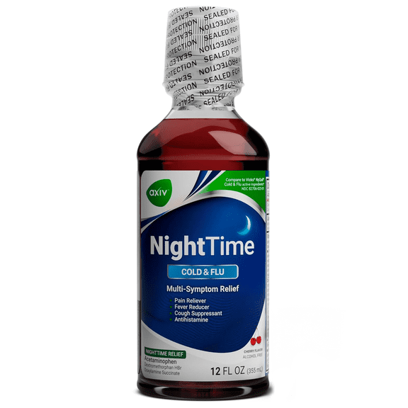 AXIV NightTime Cold & Flu Relief Liquid, Cherry, 12 fl Oz