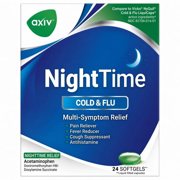 AXIV Nighttime Cold & Flu Relief Softgels, Multi-Symptom Nighttime Relief for Headache, Fever, Sore Throat, Minor Aches and Pains, Sneezing, Runny Nose, and Cough 24 Count