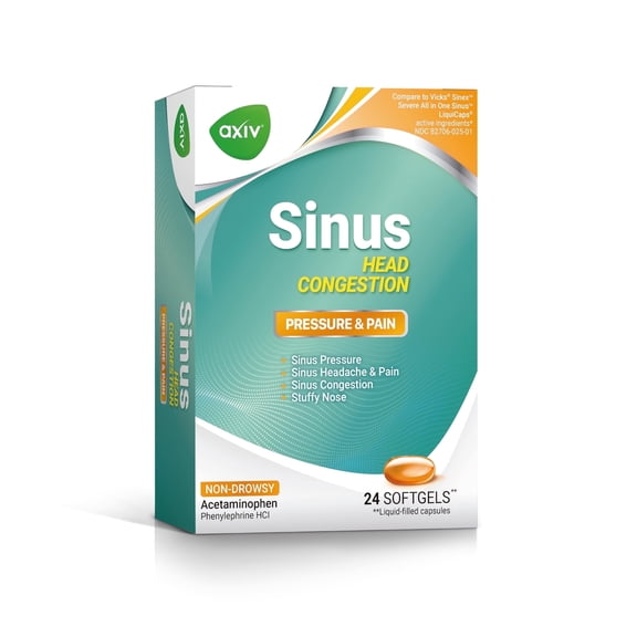AXIV Sinus Head Congestion Relief, Non-Drowsy, Maximum Strength for Sinus Pressure, Headache, Pain & Stuffy Nose, 24 Softgels