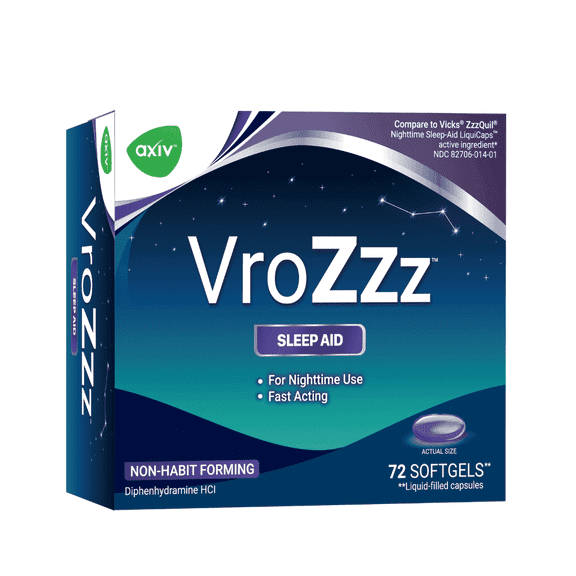 AXIV Vrozzz Sleep Aid for Calm Sleep and Insomnia Relief with Diphenhydramine 25mg, 72 Softgels