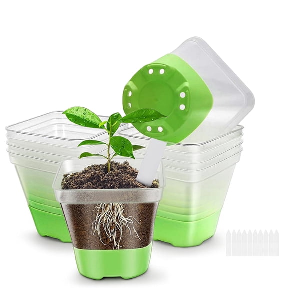 AXKIIN 10 Packs Nursery Pots for Plants, Plant Pots with Silicone Base and Drainage Holes for Easy Transplant, Plastic Flower Pots with 10 Pcs Plant Labels (Green, Pack of 10)