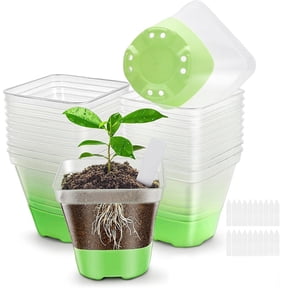 AXKIIN 20 Packs Nursery Pots for Plants, Plant Pots with Silicone Base and Drainage Holes for Easy Transplant, Plastic Flower Pots with 20 Pcs Plant Labels (Green, Pack of 20)