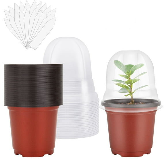 AXKIIN Plastic Flower Pots 20 Sets,nursery pots for plants with Humidity Cover ,4 Inch Plastic Pots for Plants,Small Starter Seed Starting Trays for Seedling with 20pcs Plant Labels