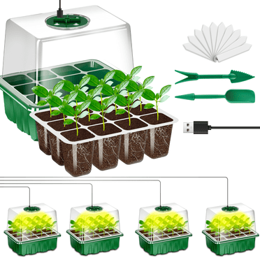 AXKIIN Seed Starter Tray with Grow Light, 5 Pack/60 Cells Seed Starter Kit, Seedling Starter Trays with Dome, Heightened Lids for Greenhouse Seeding Planting Growing (Green).