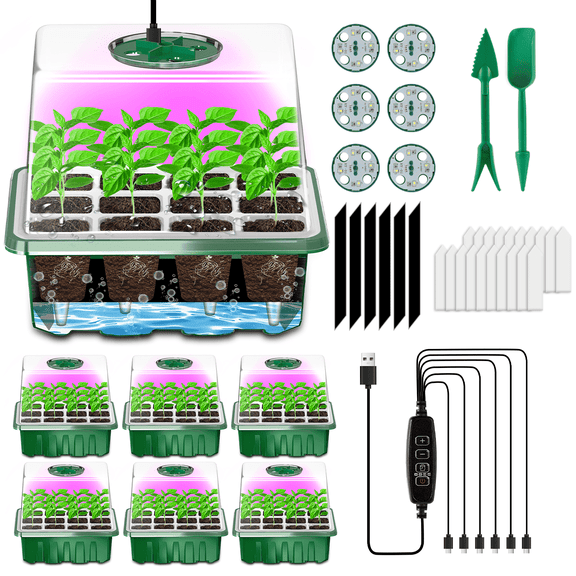 AXKIIN Seed Starter Tray with Grow Light, 6 Pack/72 Cells Seed Starter Kit with Timing,seedling starter trays with Dome for Greenhouse Seeding Planting Growing