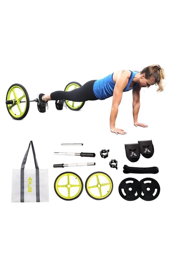 Home Workout Bundle with Barbell, Exercise Bar & Bar Clamps, 2 Olympic Wheels, Two 5lb Weights, Foot Anchors, & Squat Bands, Ab Roller & Suspension Trainer in 1 Set with Online Class Access
