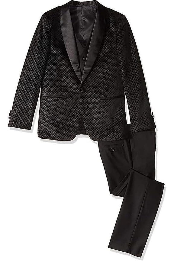 AXNY Boy's Slim Fit 3-Piece Jacket Vest Trousers Satin Shawl Collar Formal Textured Tuxedo Suit Set