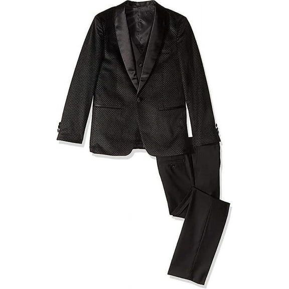 AXNY Boy's Slim Fit 3-Piece Jacket Vest Trousers Satin Shawl Collar Formal Textured Tuxedo Suit Set