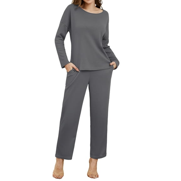 AXSAY Women’s loose and comfortable Pajamas Set Home Furnishing Long Sleeve Top and Leg Pants Comfy Waffle knit Pajamas Sleepwear Set with Pockets（2XL,Dark Gray）