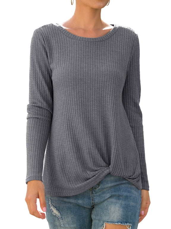 Womens portability Casual Blouse Loose Long Sleeve Twist Knot T Shirts Round neck Knit Tops (2XL, Dark Grey)