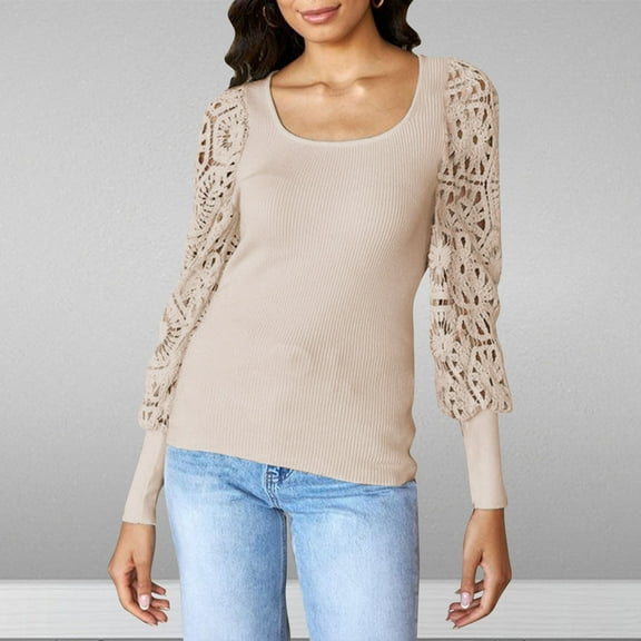 AXXD Basic Blouses for Women Business Casual Summer 2024 Lace Trendy Round-Neck Long Sleeve Casual T-shirt Top Solid Blouse