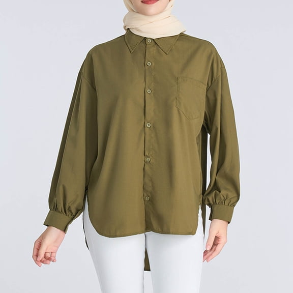 AXXD Basic Blouses for Women Business Casual Summer 2024 Solid Color Lapel Casual Long-Sleeved Pocket Shirt