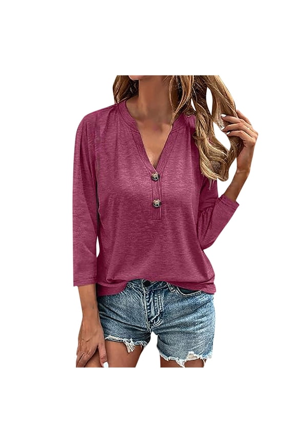 Basic Blouses for Women Business Casual Summer 2024 V-Neck Button Casual Solid Color Long Sleeve T-shirt Top Long Sleeve V-Neck Shirt Blouse
