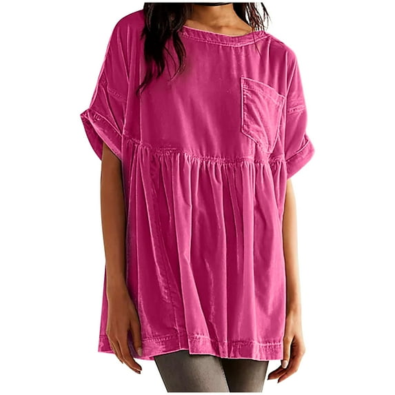 AXXD Basic Blouses for Women Dressy Casual Summer 2024 Casual Solid Color Gold Velvet Casual Pleated Pocket Short Sleeved Top