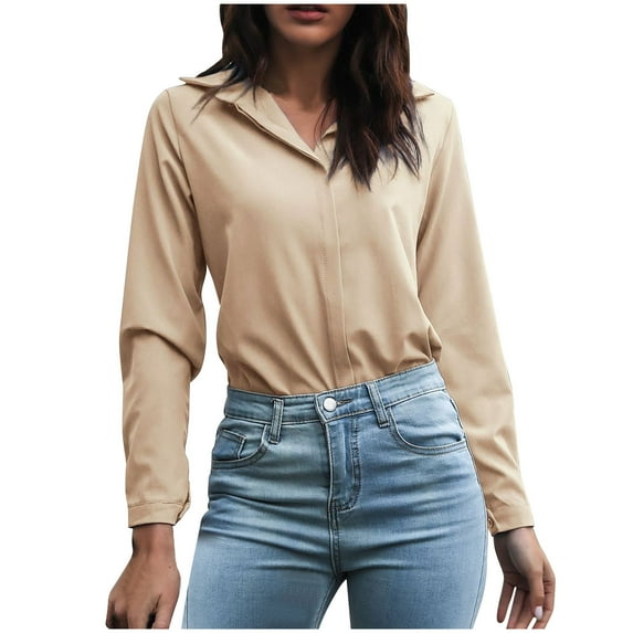 AXXD Basic Blouses for Women Summer 2024 Trendy Long Sleeve Solid Comfortable Breathable V-Neck Shirt Tops