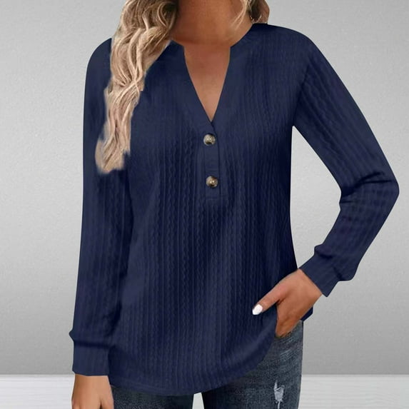AXXD Basic Casual Tops for Women Summer 2024 Trendy Button V-Neck Long Sleeve Casual T-shirt Solid Blouse