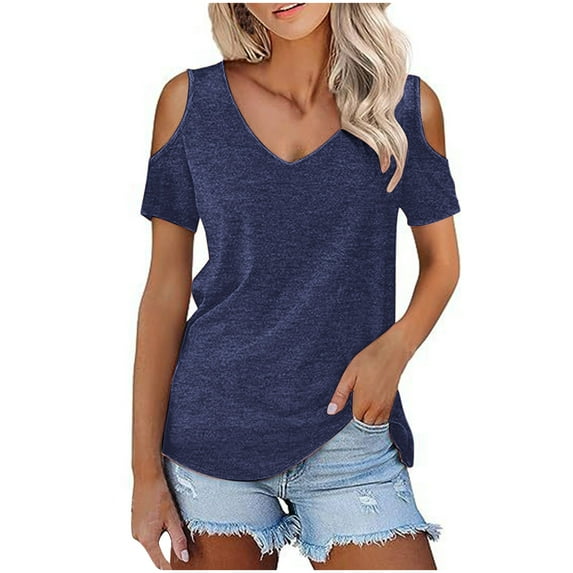 AXXD Basic Crewneck Sweatshirts Women Summer 2024 Casual Solid Short Sleeve Cold Shoulder Stitching Round Neck Pullover Blouse T-shirt Tops