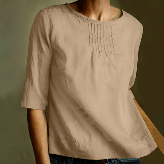 AXXD Basic Dressy Blouses for Women Summer 2024 Solid Color Loose Round Neck Middle Sleeve Folded Cotton Linen Shirt Top