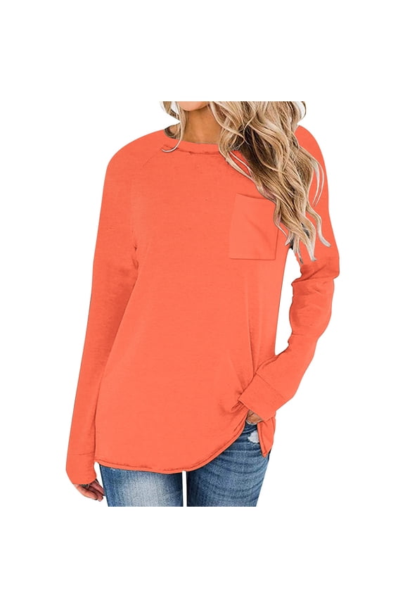 Basic Dressy Tops for Women Summer 2024 Trendy Casual Solid Drop Shoulder Long Sleeve Raglan Sleeve Tops Round Neck Loose Shirt With Poket