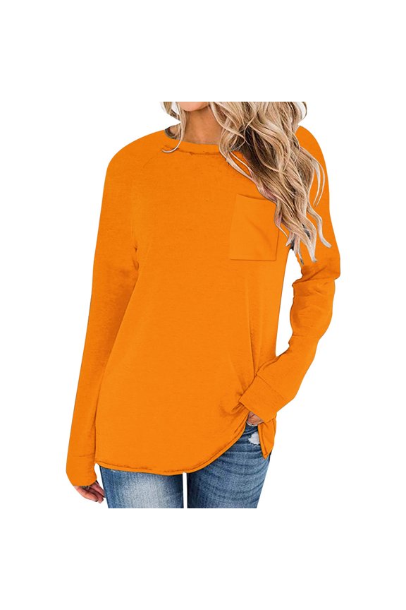 Basic Fashion Tops for Women Trendy Summer 2024 Casual Solid Drop Shoulder Long Sleeve Raglan Sleeve Tops Round Neck Loose Shirt With Poket