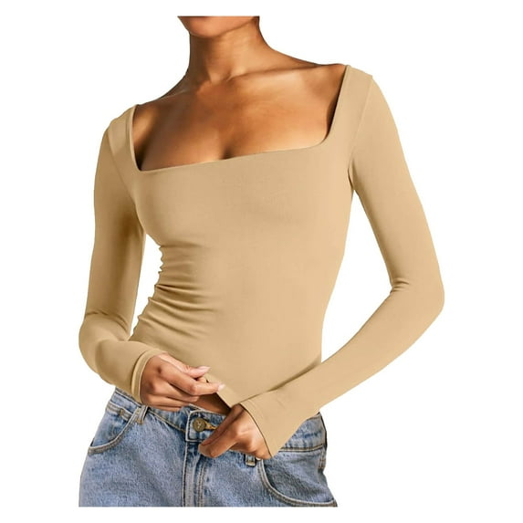 AXXD Basic Ladies Tops And Blouses Summer 2024 Long-Sleeved Solid Color Navel-Baring Neck T-Shirt Bottoming Top