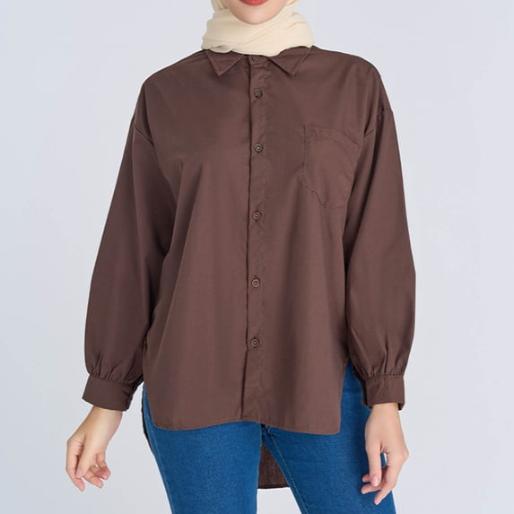 AXXD Basic Ladies Tops And Blouses Summer 2024 Solid Color Lapel Casual Long-Sleeved Pocket Shirt