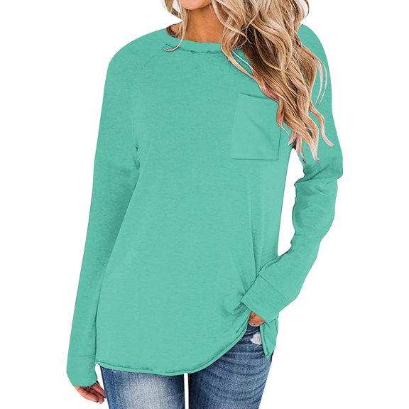 AXXD Basic Ladies Tops Summer 2024 Trendy Casual Solid Drop Shoulder Long Sleeve Raglan Sleeve Tops Round Neck Loose Shirt With Poket