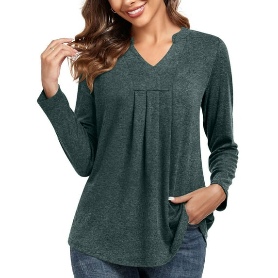 AXXD Basic Oversized Shirts for Women 2024 Summer Trendy Casual Solid Color V Neck Loose T-shirt Long SleevedTops Blouse Pullover
