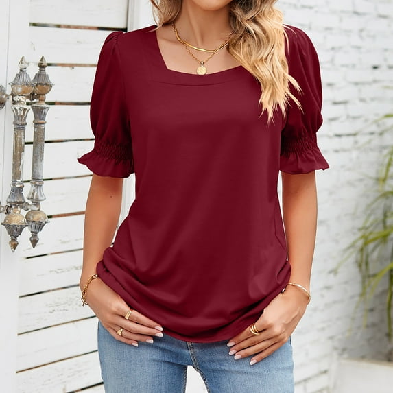 AXXD Basic Oversized Tshirts for Women Summer 2024 Loose Casual Solid Color SquareNeck Short Sleeve Tops Blouses T-shirt