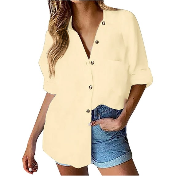 AXXD Basic Sexy Shirts for Women Summer 2024 Loose Solid T-shirt Long Sleeves Blouse Turndown Collar Casual Tops