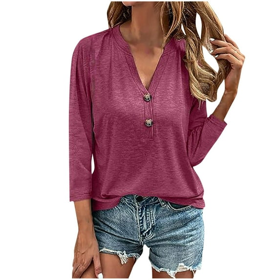AXXD Basic Sexy Tops for Women Summer 2024 V-Neck Button Casual Solid Color Long Sleeve T-shirt Top Long Sleeve V-Neck Shirt Blouse