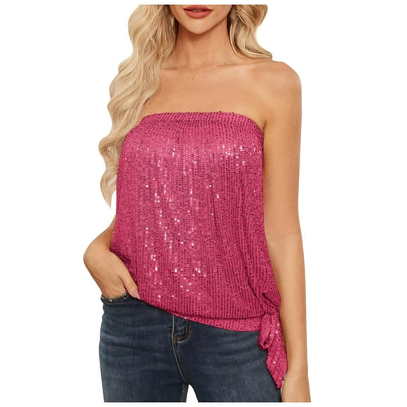 AXXD Basic Spring Tops for Women 2024 Summer Sequin Trendy Off Shoulder Solid Color Sheath Tank Top Short Sleeve Top/Blouse