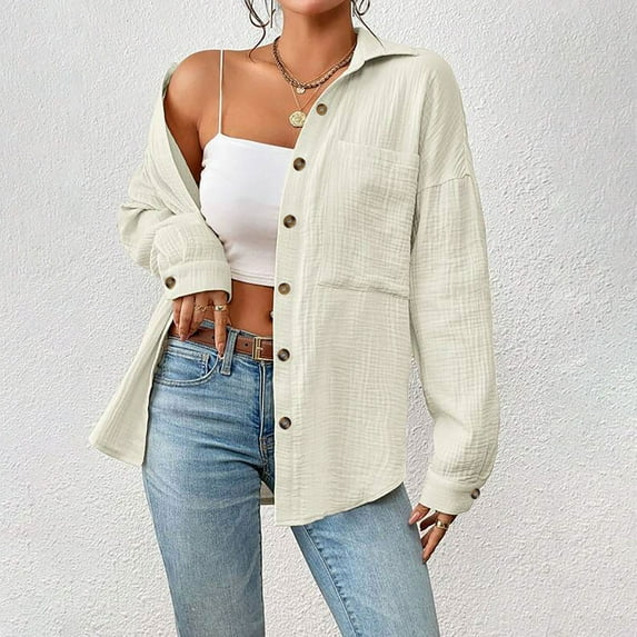 AXXD Basic Summer Tops for Women 2024 2024 Trendy Casual Long Sleeve Pocket Turndown Collar Button Shirt Tops
