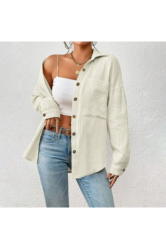 Basic Summer Tops for Women 2024 2024 Trendy Casual Long Sleeve Pocket Turndown Collar Button Shirt Tops
