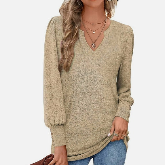 AXXD Basic Summer Tops for Women 2024 Trendy Long Sleeve Solid Color Comfortable Breathable V-Neck Shirt Tops