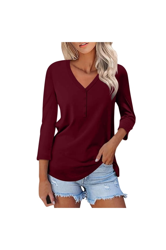 Basic Sweatshirts for Women Loose Fit 2024 Spring Solid Color Shirt Solid Color V-Neck Seven Sleeve Top