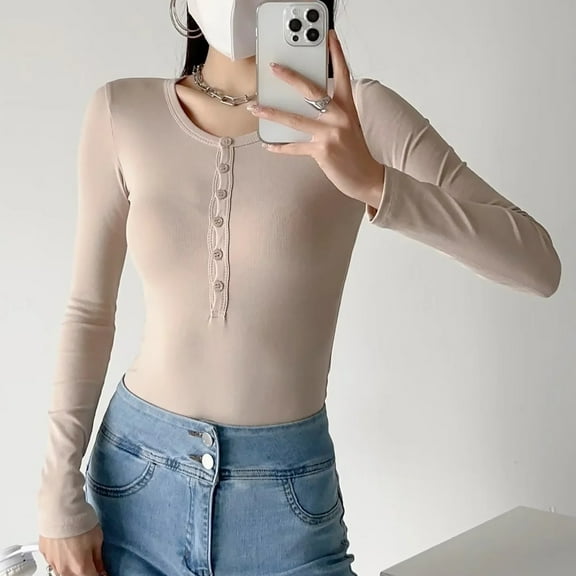 AXXD Basic Sweatshirts for Women Trendy Summer 2024 Long Sleeved Solid Color Elastic Slim Fitting Jumpsuit And Jumpsuit