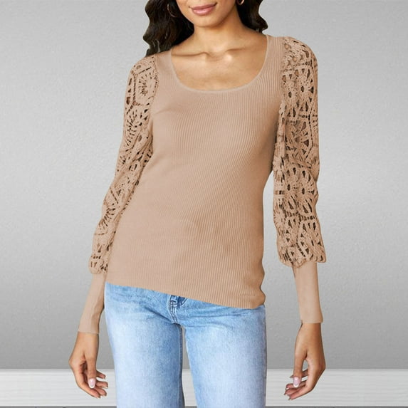 AXXD Basic T-Shirts for Women Summer 2024 Lace Trendy Round-Neck Long Sleeve Casual T-shirt Top Solid Blouse