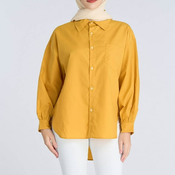 AXXD Basic Tops for Women Trendy Summer 2024 Solid Color Lapel Casual Long-Sleeved Pocket Shirt