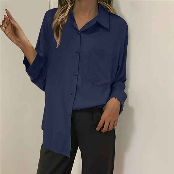 AXXD Basic Trendy Tops for Women 2024 Summer Solid Color Lapel Casual Long-Sleeved Pocket Shirt
